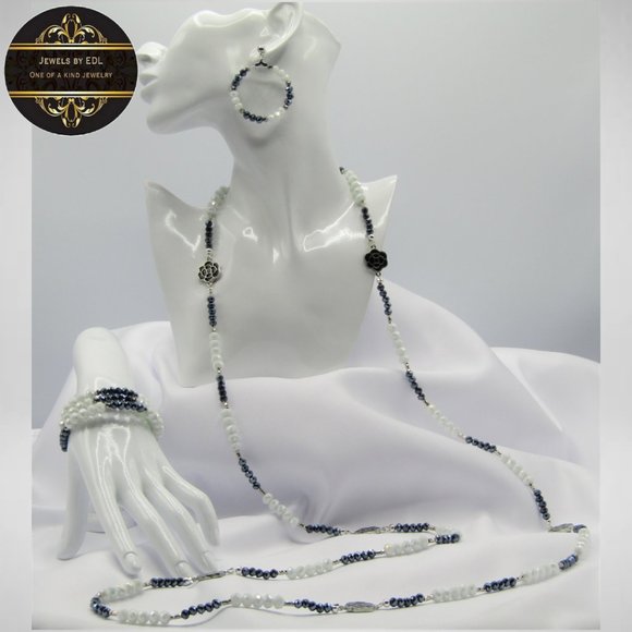 Long or Short White & Gunmetal Beaded Jewelry Set - Picture 1 of 6